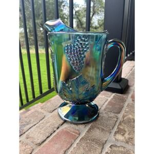 Large Vintage Blue Carnival Ware Drink Pitcher Made In Indiana